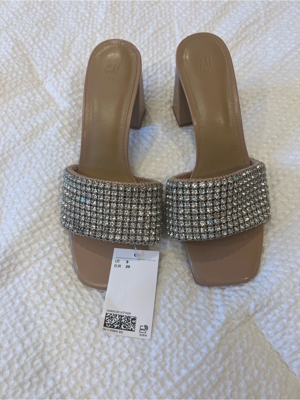 H&M Beige Rhinestone Block Heel Mules
